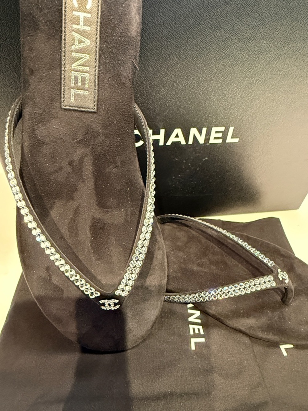 CHANEL Black Suede Crystal-Strap Thong Sandals - Picture 6 of 8